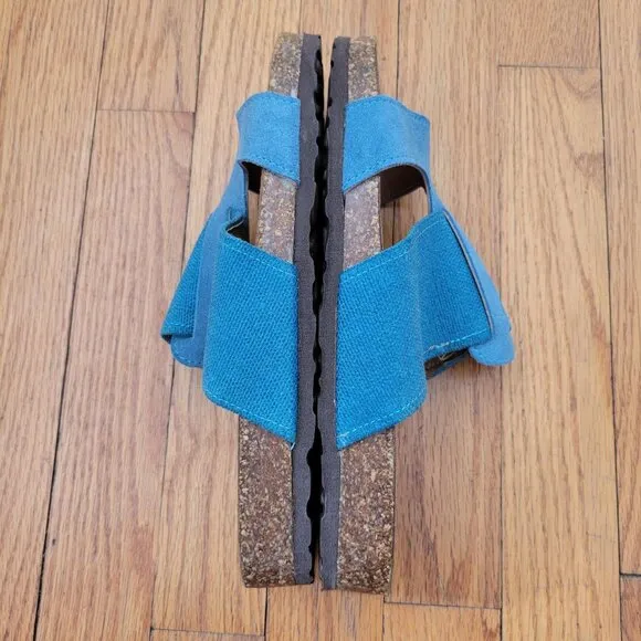 Sundance 9 9.5 Blue Leather Canvas Sandals Cork Insole 40 Open Toe Comfort
