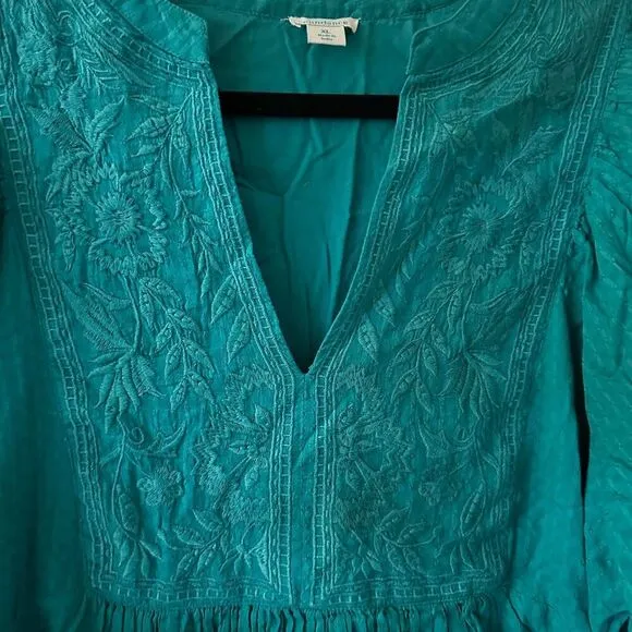 Sundance Sonata Easy Dress Teal Cotton Long Flowy Puff Sleeves Dress Size XL