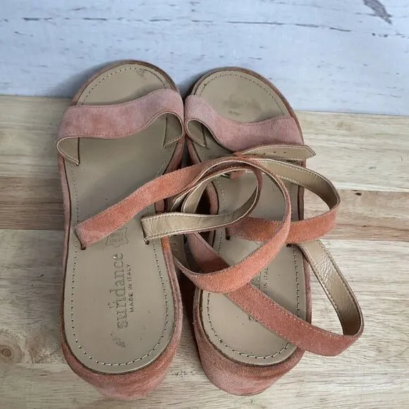 Sundance Womens Burnt Orange Suede/Leather Ankle Strap Platform Sandals Italy 10