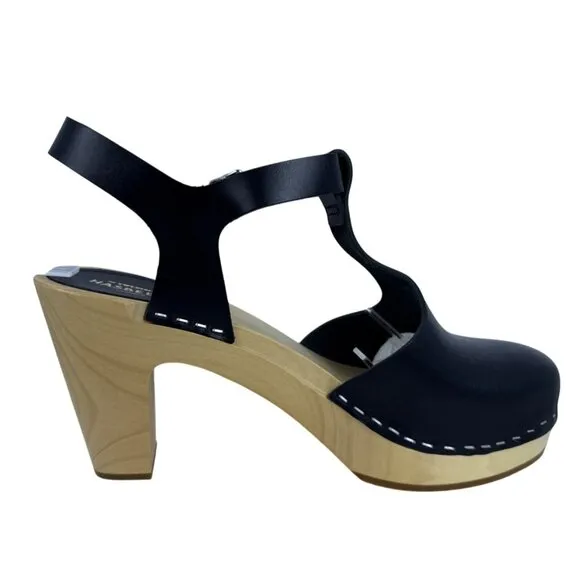 Swedish Hasbeens Womens 33601 T-Strap Sky High Black Leather Wooden Sandal SZ 39