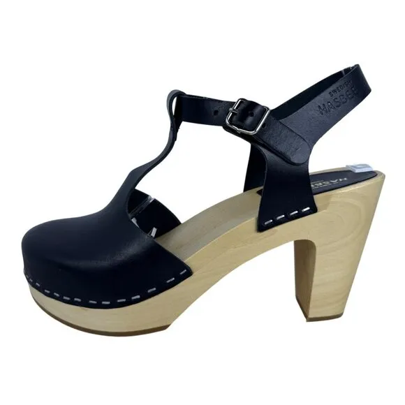 Swedish Hasbeens Womens 33601 T-Strap Sky High Black Leather Wooden Sandal SZ 39