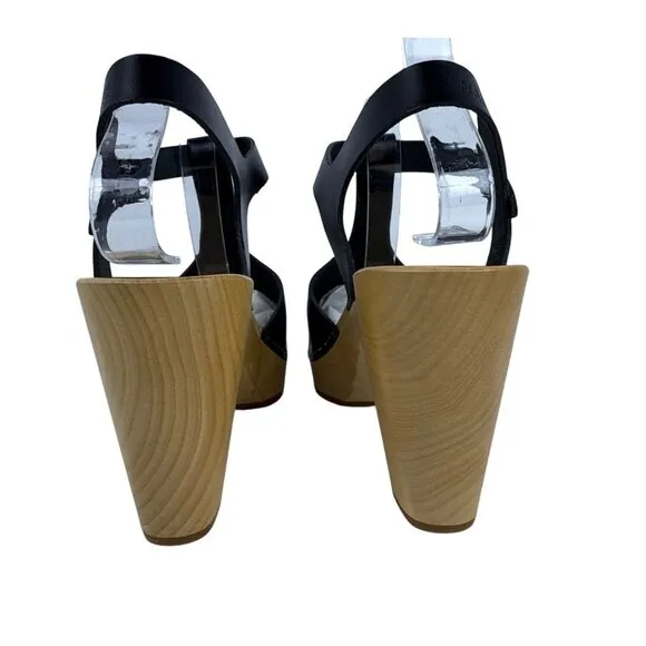 Swedish Hasbeens Womens 33601 T-Strap Sky High Black Leather Wooden Sandal SZ 39