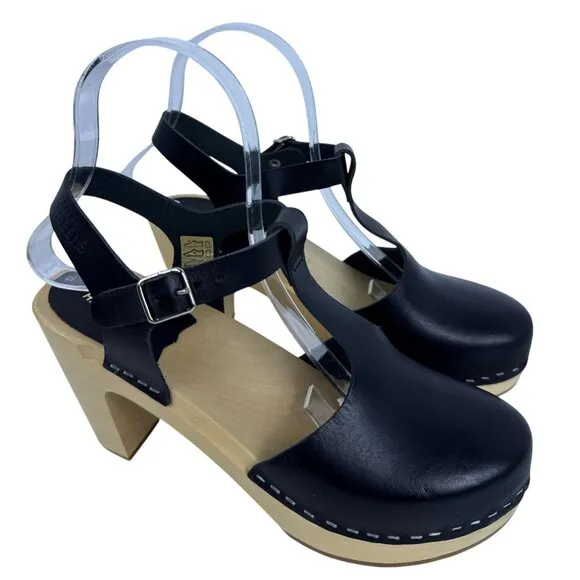 Swedish Hasbeens Womens 33601 T-Strap Sky High Black Leather Wooden Sandal SZ 39