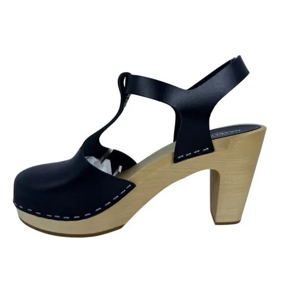 Swedish Hasbeens Womens 33601 T-Strap Sky High Black Leather Wooden Sandal SZ 39
