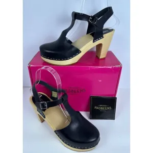 Swedish Hasbeens Womens 33601 T-Strap Sky High Black Leather Wooden Sandal SZ 39