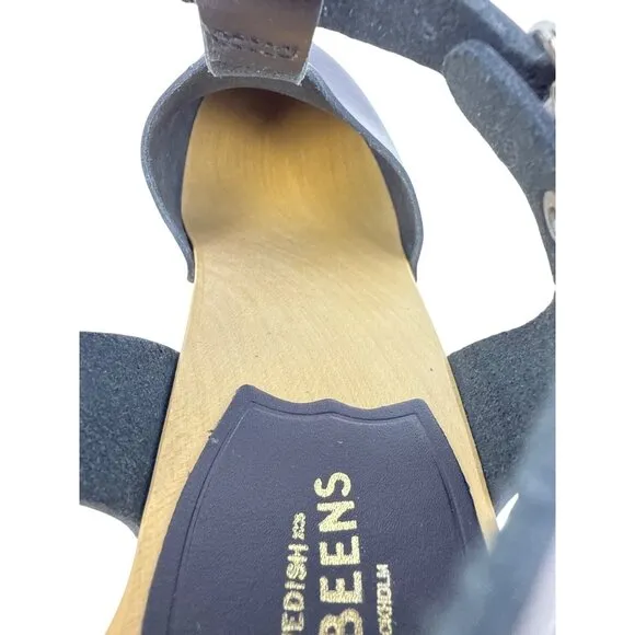 Swedish Hasbeens Womens 33601 T-Strap Sky High Black Leather Wooden Sandal SZ 39