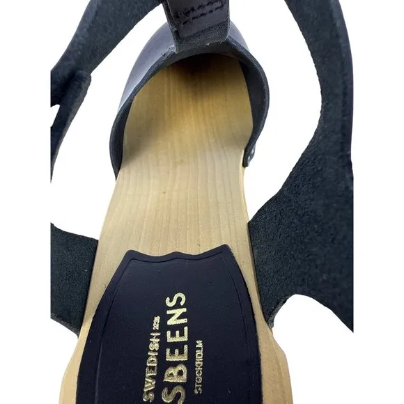 Swedish Hasbeens Womens 33601 T-Strap Sky High Black Leather Wooden Sandal SZ 39