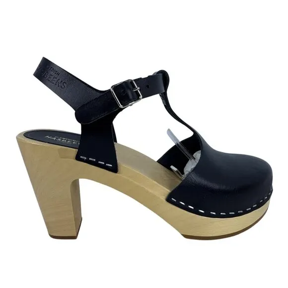 Swedish Hasbeens Womens 33601 T-Strap Sky High Black Leather Wooden Sandal SZ 39