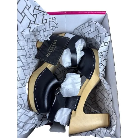 Swedish Hasbeens Womens 33601 T-Strap Sky High Black Leather Wooden Sandal SZ 39