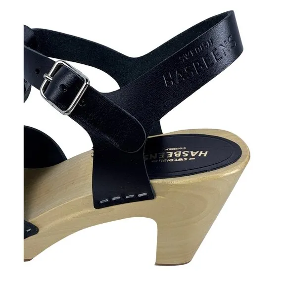 Swedish Hasbeens Womens 33601 T-Strap Sky High Black Leather Wooden Sandal SZ 39