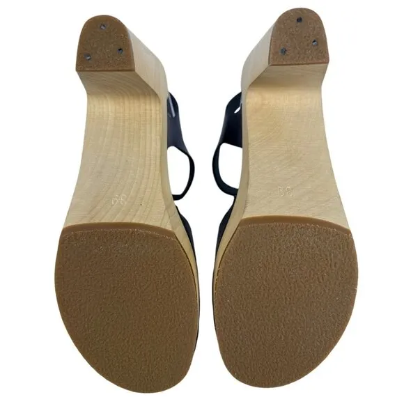 Swedish Hasbeens Womens 33601 T-Strap Sky High Black Leather Wooden Sandal SZ 39