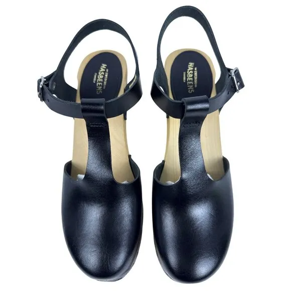 Swedish Hasbeens Womens 33601 T-Strap Sky High Black Leather Wooden Sandal SZ 39