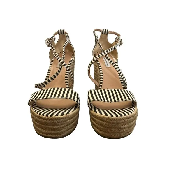 Tabitha Simmons Black and Beige Striped Espadrille Wedge Sandals Size 40 US 9