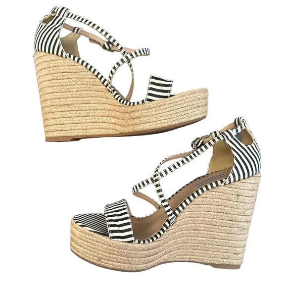 Tabitha Simmons Black and Beige Striped Espadrille Wedge Sandals Size 40 US 9