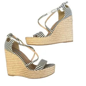 Tabitha Simmons Black and Beige Striped Espadrille Wedge Sandals Size 40 US 9