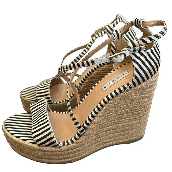 Tabitha Simmons Black and Beige Striped Espadrille Wedge Sandals Size 40 US 9