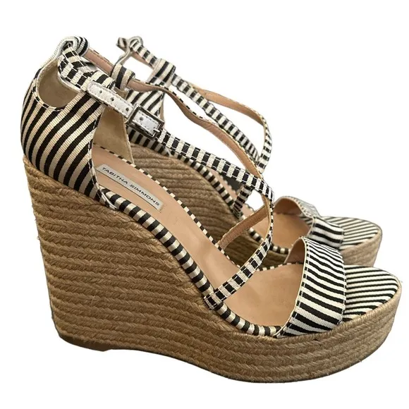 Tabitha Simmons Black and Beige Striped Espadrille Wedge Sandals Size 40 US 9