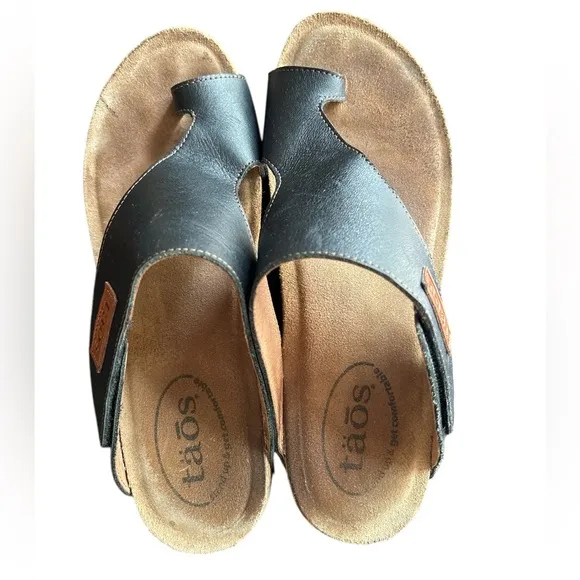 Taos Black Leather Loop Sandals, Size 8 - 8.5, Classic Comfort Walking Sandal