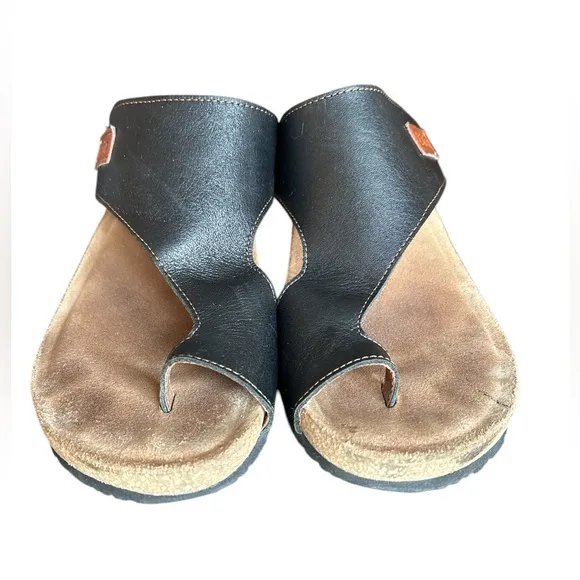 Taos Black Leather Loop Sandals, Size 8 - 8.5, Classic Comfort Walking Sandal