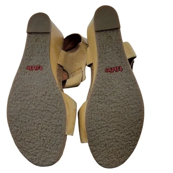 Taos Buckle Up Leather Wedge Heel Sandals Beige Light Yellow 40 9-9.5