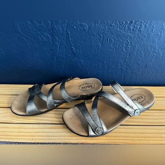 Taos Double U Pewter Leather Comfort Sandals Women Size 11