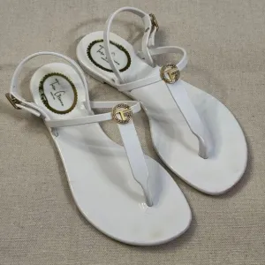 Tara Grinna White Patent Logo T-Strap Jelly Strappy Thong Sandals Gold Accents 8
