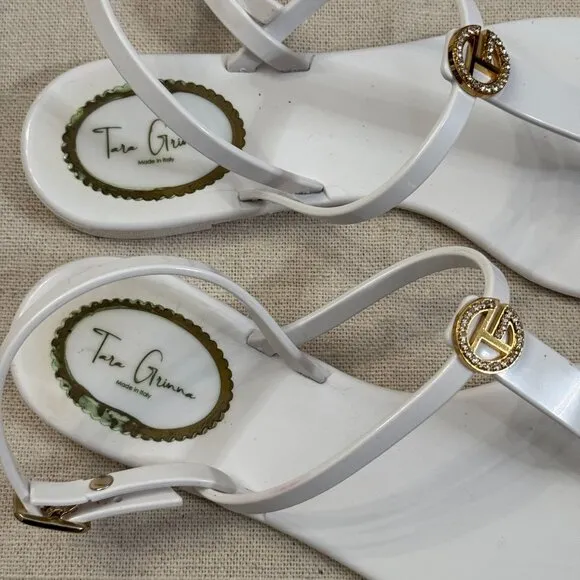 Tara Grinna White Patent Logo T-Strap Jelly Strappy Thong Sandals Gold Accents 8
