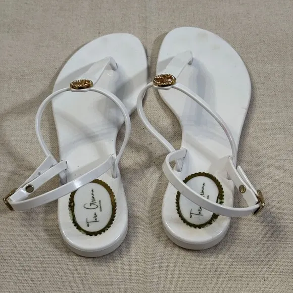 Tara Grinna White Patent Logo T-Strap Jelly Strappy Thong Sandals Gold Accents 8