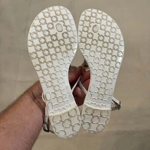 Tara Grinna White Patent Logo T-Strap Jelly Strappy Thong Sandals Gold Accents 8