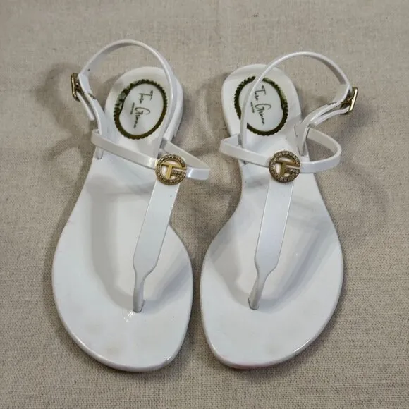 Tara Grinna White Patent Logo T-Strap Jelly Strappy Thong Sandals Gold Accents 8