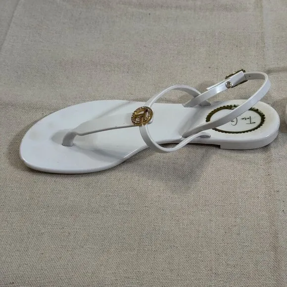 Tara Grinna White Patent Logo T-Strap Jelly Strappy Thong Sandals Gold Accents 8