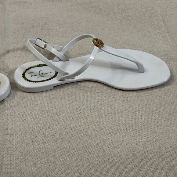 Tara Grinna White Patent Logo T-Strap Jelly Strappy Thong Sandals Gold Accents 8