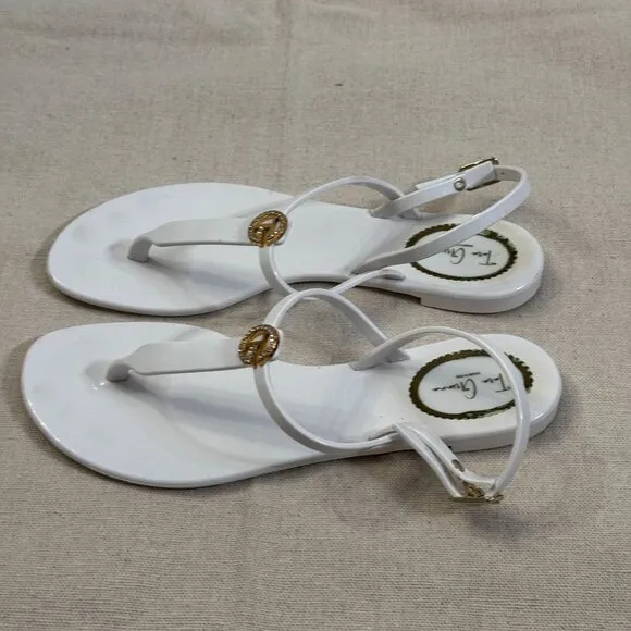 Tara Grinna White Patent Logo T-Strap Jelly Strappy Thong Sandals Gold Accents 8