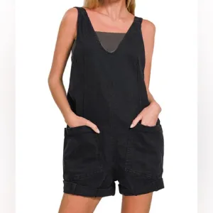 The “Boho Denim Romper” Denim Shortall Overalls | Black