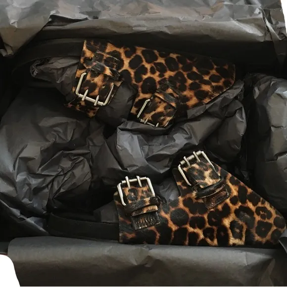 The Kooples 6.5 women’s Animal print Adjustable Silver buckles sandals shoes NEW