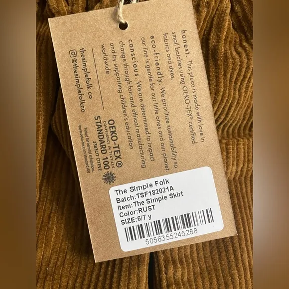 The Simple Folk Skirt Girls Kids 6-7yrs Rust Corduroy Front Pockets Organic