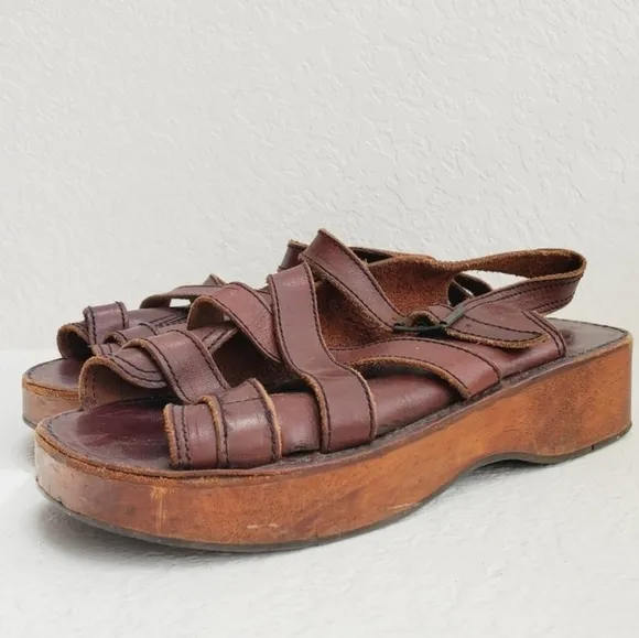 Thom McAn X Vintage 90s Y2K Chunky Wooden Platform Leather Strappy Sandals 10