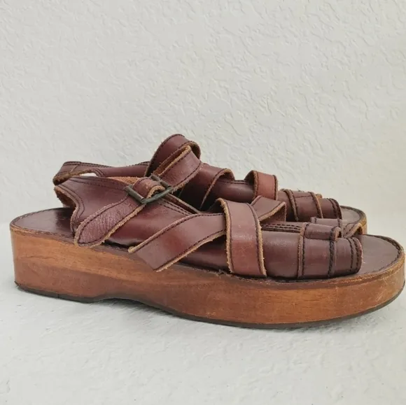 Thom McAn X Vintage 90s Y2K Chunky Wooden Platform Leather Strappy Sandals 10
