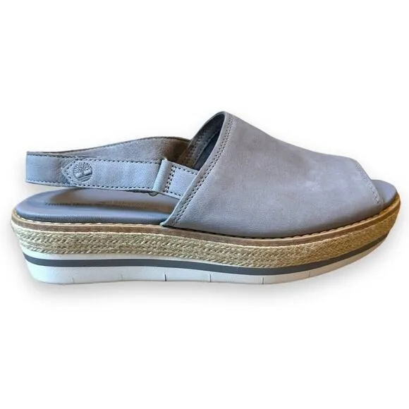 Timberland Emerson Peep Toe Wedge Espadrille Gray Sandals Slingback Leather Sz 9