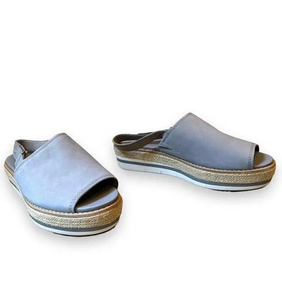 Timberland Emerson Peep Toe Wedge Espadrille Gray Sandals Slingback Leather Sz 9