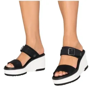 Timberland Koralyn Black Nubuck Leather Wedge Sandals