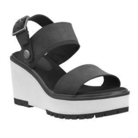 Timberland Koralyn Black Nubuck Leather Wedge Sandals