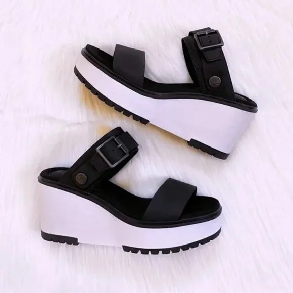 Timberland Koralyn Black Nubuck Leather Wedge Sandals
