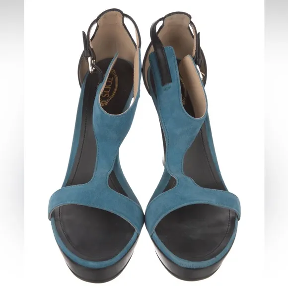 Tod's Sand Plat Gooma T105 Fasce Suede &amp; Leather T-Strap Platform Sandals Heels