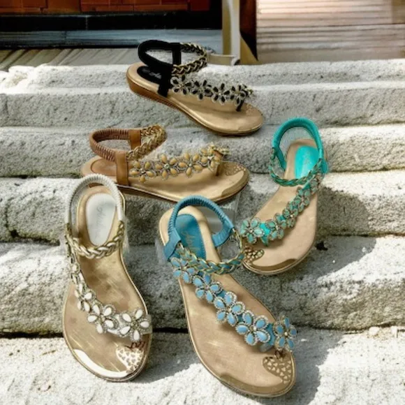 Toe Ring White Floral Rhinestone Embellished Woven Gold Sparkle Flat Sandal