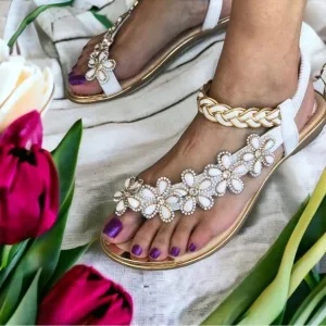 Toe Ring White Floral Rhinestone Embellished Woven Gold Sparkle Flat Sandal
