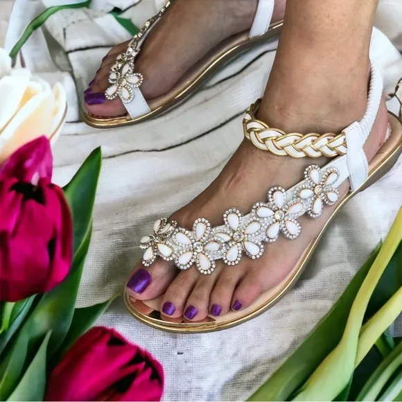 Toe Ring White Floral Rhinestone Embellished Woven Gold Sparkle Flat Sandal