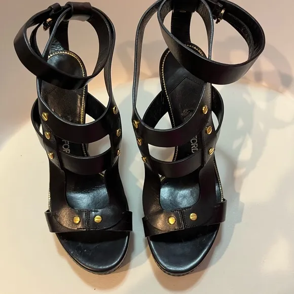 Tom Ford Black Strappy Wedge Sandals
