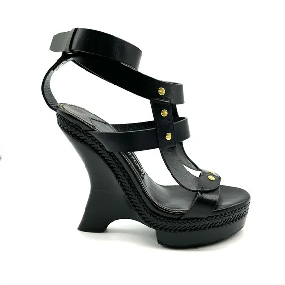 Tom Ford Black Strappy Wedge Sandals