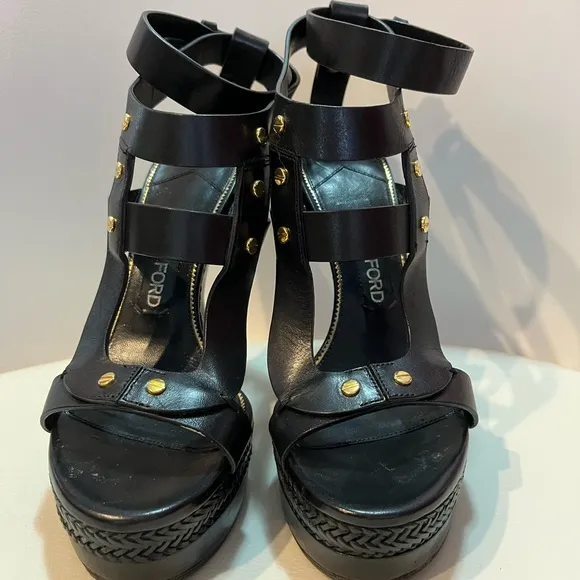 Tom Ford Black Strappy Wedge Sandals